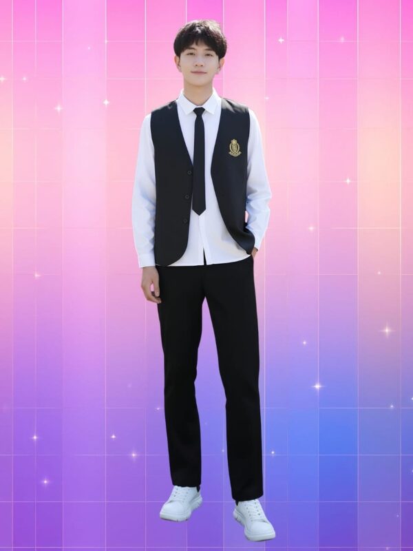 Uniforme coréen pour homme avec gilet sans manche et chemise blanche. Il est porté par un homme asiatique debout sur fond dégradé de rose à violet.