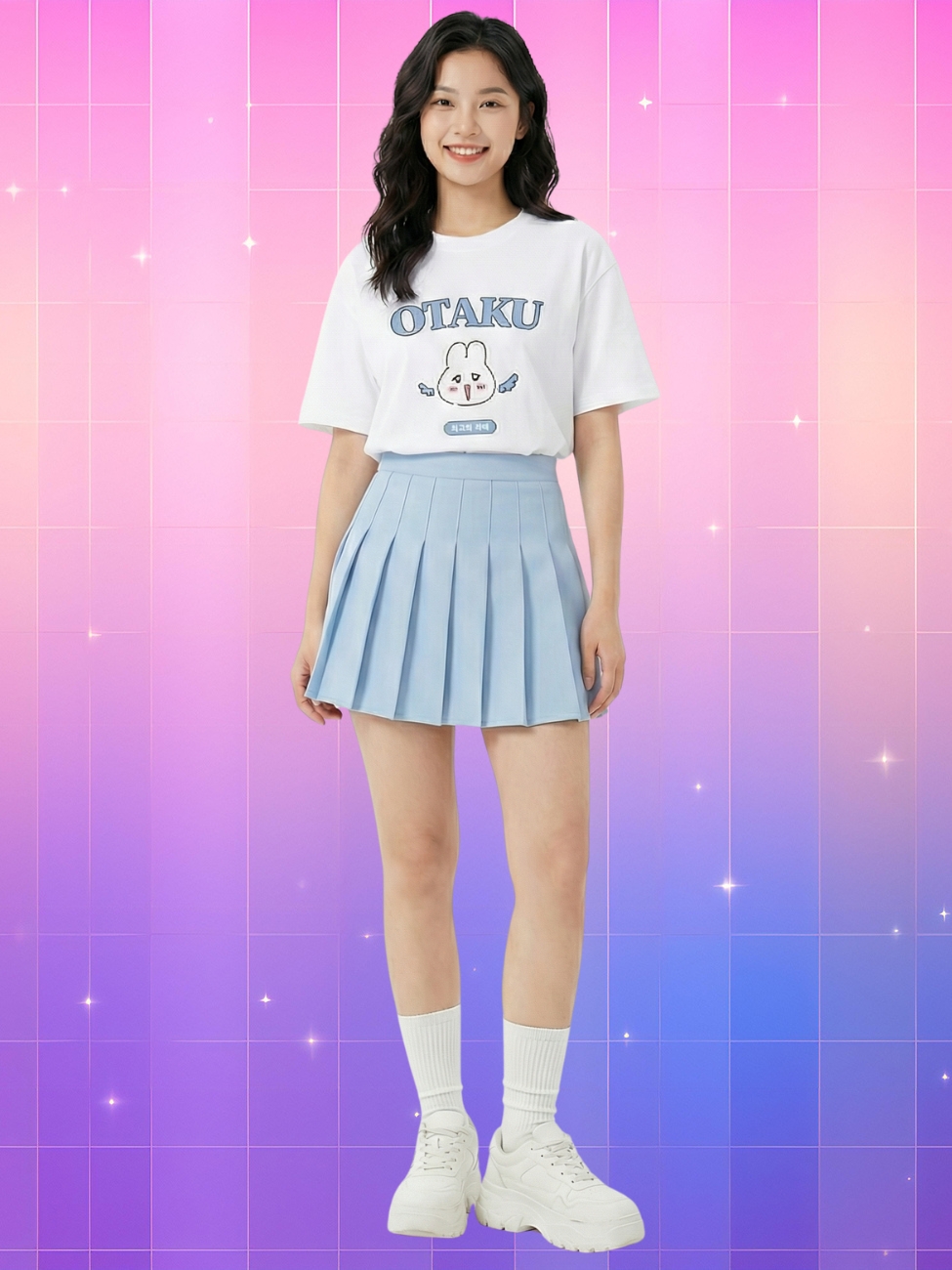 Une fille asiatique portant un T-shirt kpop TXT Soobin lapin Otaku de couleur blanche, décoré au centre par le mot "OTAKU" en bleu et un dessin mignon de petit lapin blanc avec des ailes avec une jupe bleue et des baskets blanches sur un fond coloré rose et violet.