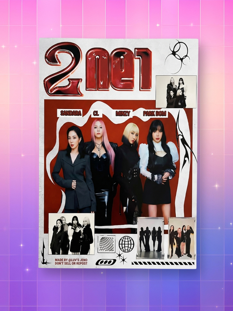 Un poster kpop 2ne1 style collage présentant les quatre membres du groupe sur un fond rouge et blanc rétro, entourées de petites photos et de graphismes stylisés, le tout posé sur un arrière-plan quadrillé rose et violet brillant.