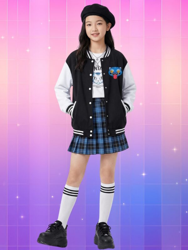 Une jeune fille asiatique portant un blouson bomber Kpop Demon Hunters Derpy et Sussie noir avec des manches blanches et un dessin de chat bleu au dos, accompagnée d'une jupe à carreaux sur un fond quadrillé dégradé de rose et violet.