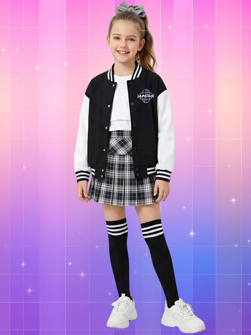 Une jeune fille souriante portant un blouson bomber Kpop Demon Hunters Derpy et Sussie kawaii noir aux manches blanches, assorti à une jupe à carreaux et des chaussettes hautes, sur un fond quadrillé dégradé de rose et de violet parsemé de petites étoiles.