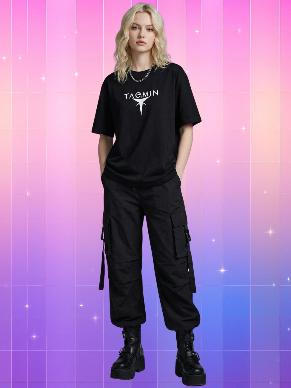 Une jeune femme blonde portant un t-shirt kpop Shinee Taemin Ephemeral Gaze noir avec un logo blanc, assorti à un pantalon cargo et des bottines, sur un fond dégradé rose et bleu avec des éclats scintillants.