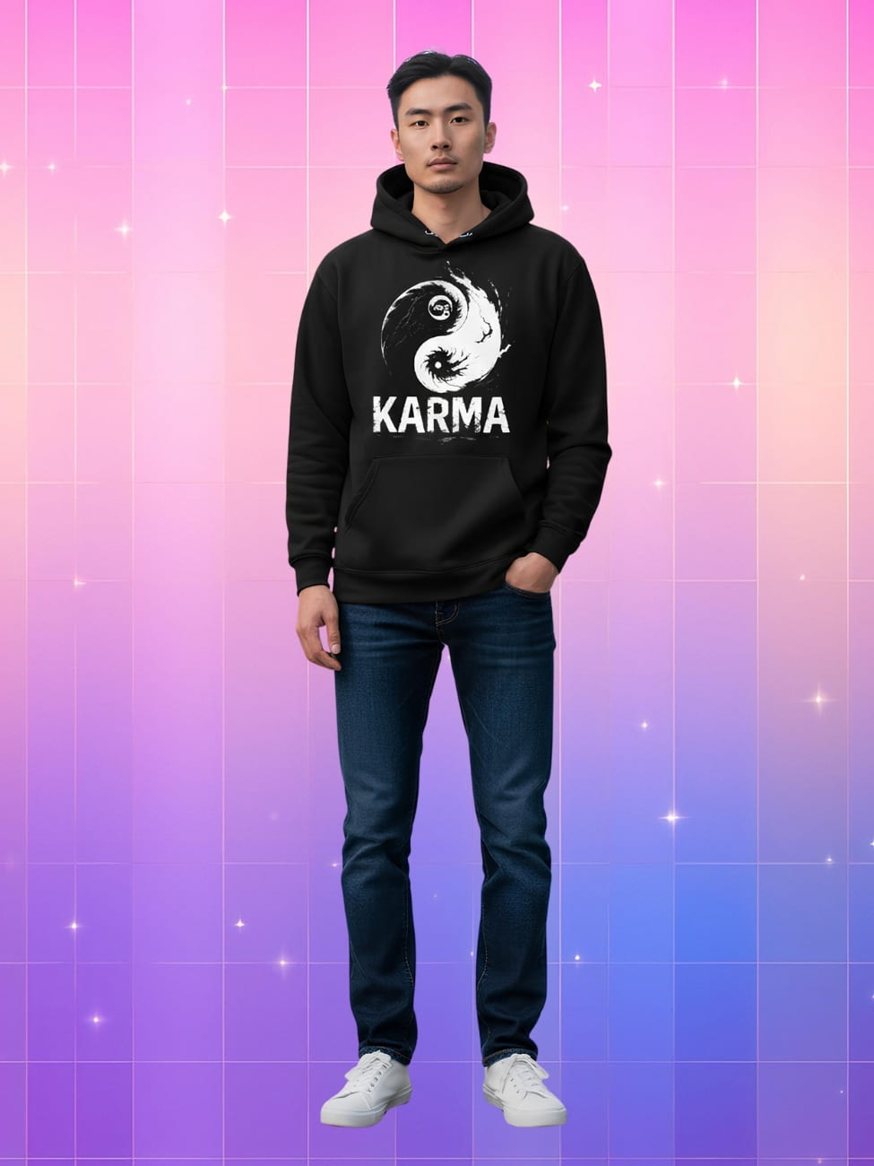 Sweat Kpop noir pour homme Bang Chan SKZ porté par un homme de type asiatique en jean. Sur fond dégradé de rose à violet.