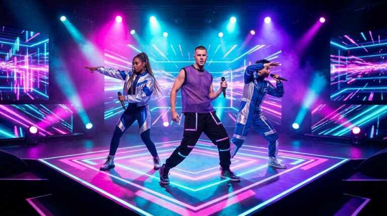 Trois artistes K-Pop, deux hommes et une femme, chantant sur une scène futuriste avec éclairages néon et motifs géométriques lumineux.