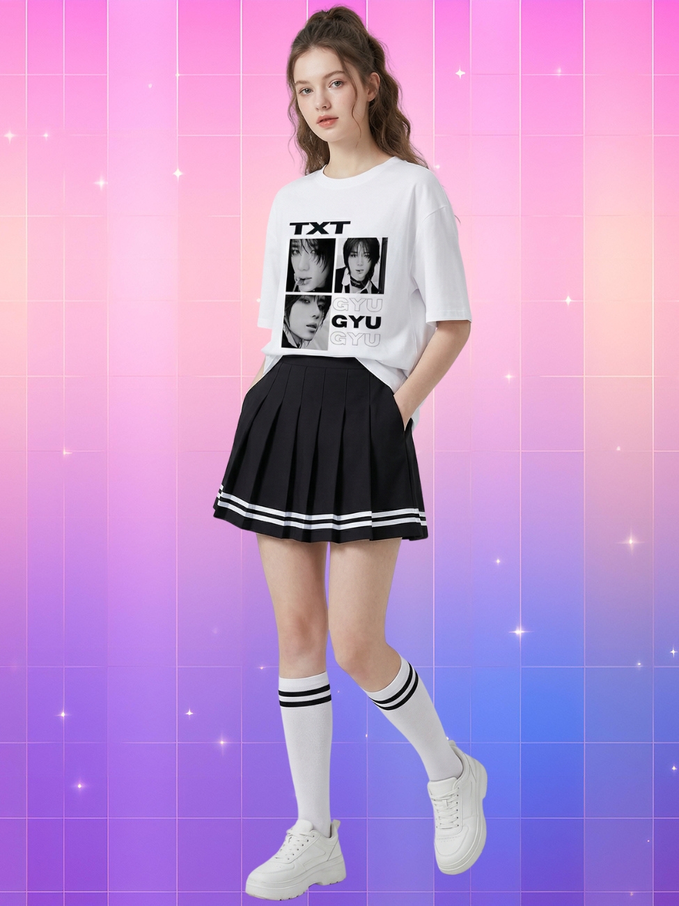 Une jeune fille portant un t-shirt kpop blanc Boemgyu TXT avec des photos de l'artiste, assorti à une jupe noire plissée et des baskets blanches, posant devant un fond quadrillé aux reflets roses, violets et bleus parsemé de petites étoiles étincelantes.