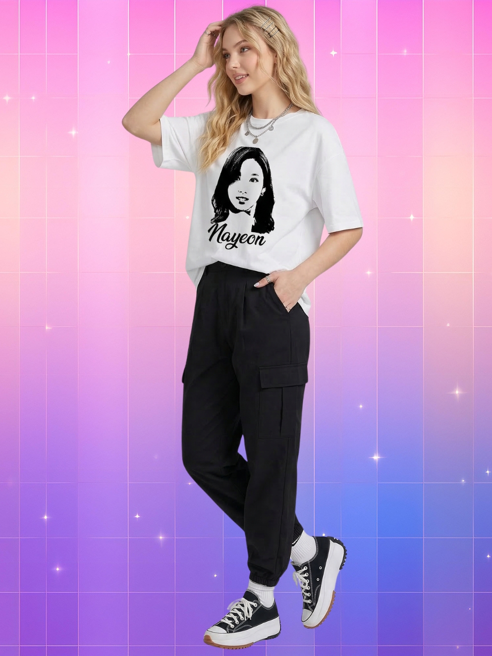 Une jeune femme blonde portant un t-shirt kpop oversize portrait de Nayeon blanc avec un pantalon cargo noir, sur un fond quadrillé aux couleurs dégradées rose et violet avec des petites étoiles scintillantes.