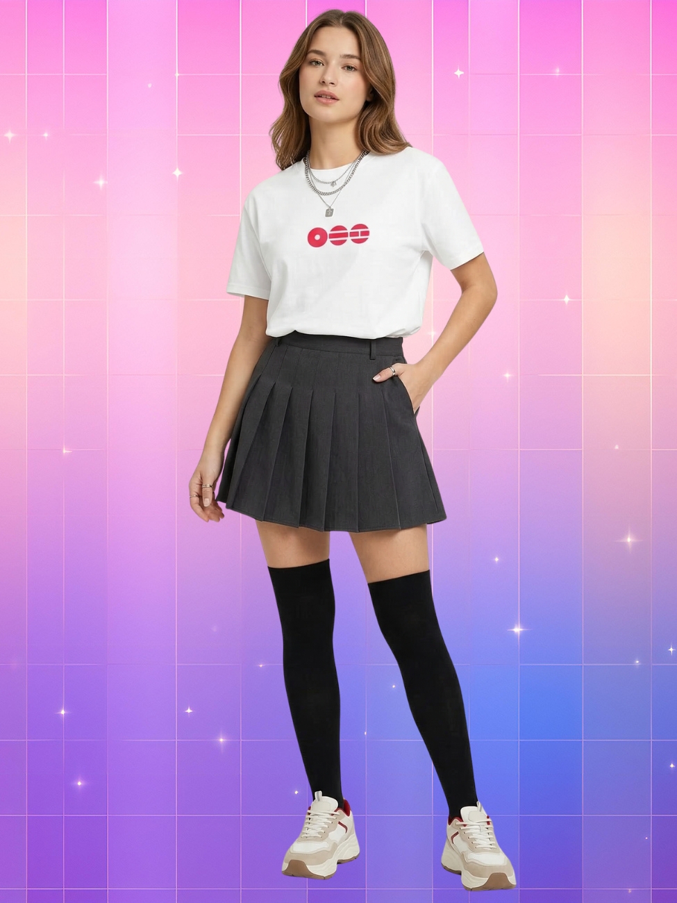 Une jeune femme portant un t-shirt kpop blanc et rose BTS tournée mondiale 2026 avec des motifs circulaires roses, accordé à une jupe plissée grise et des chaussettes hautes noires, devant un arrière-plan quadrillé aux couleurs dégradées rose et violet parsemé de petites étoiles.