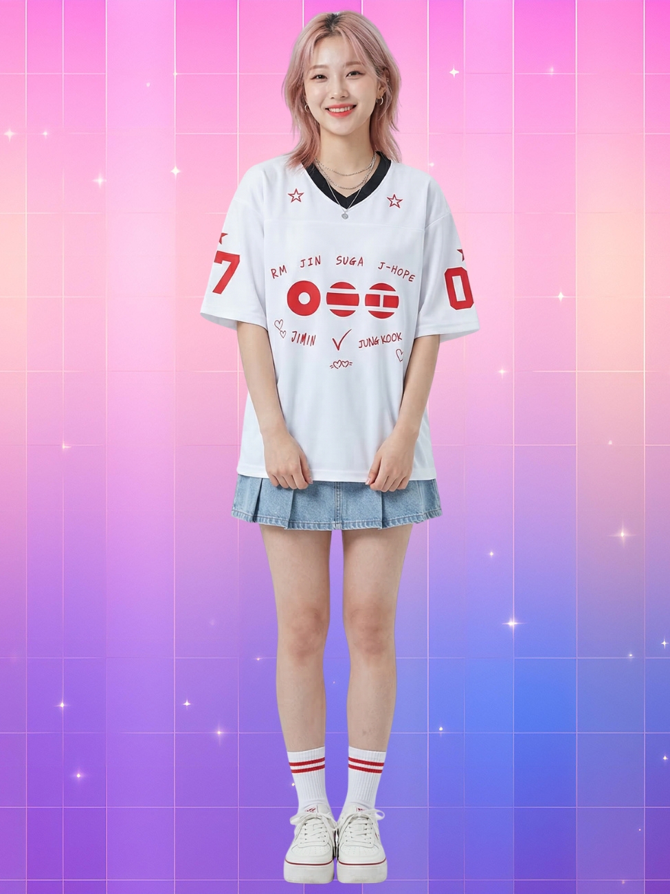 Une jeune femme souriante portant un maillot kpop style baseball BTS Army blanc avec des motifs rouges, associé à une jupe en jean, sur un fond quadrillé dégradé de rose et de violet.