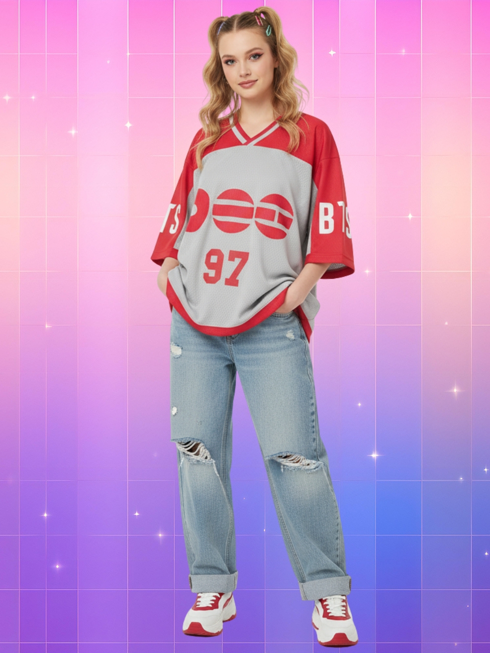 Une jeune fille blonde portant un maillot kpop style baseball BTS tournée 2026 gris et rouge avec un jean bleu délavé, sur un fond dégradé rose et violet orné de petites étoiles scintillantes.