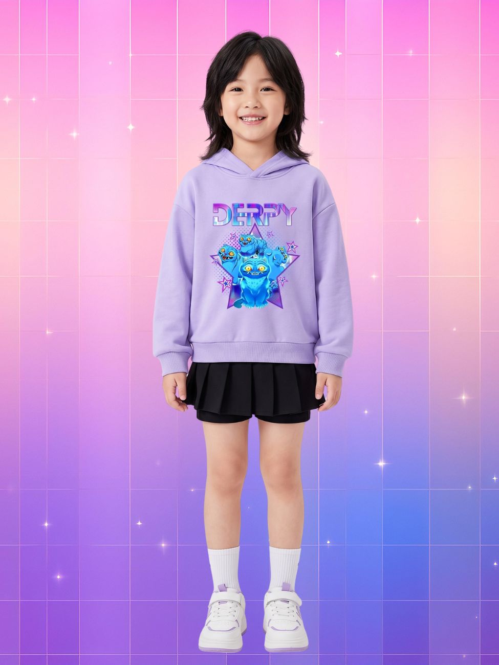 Une petite fille souriante porte un pull à capuche kpop enfant Derpy violet avec un dessin bleu au centre, devant un fond coloré.