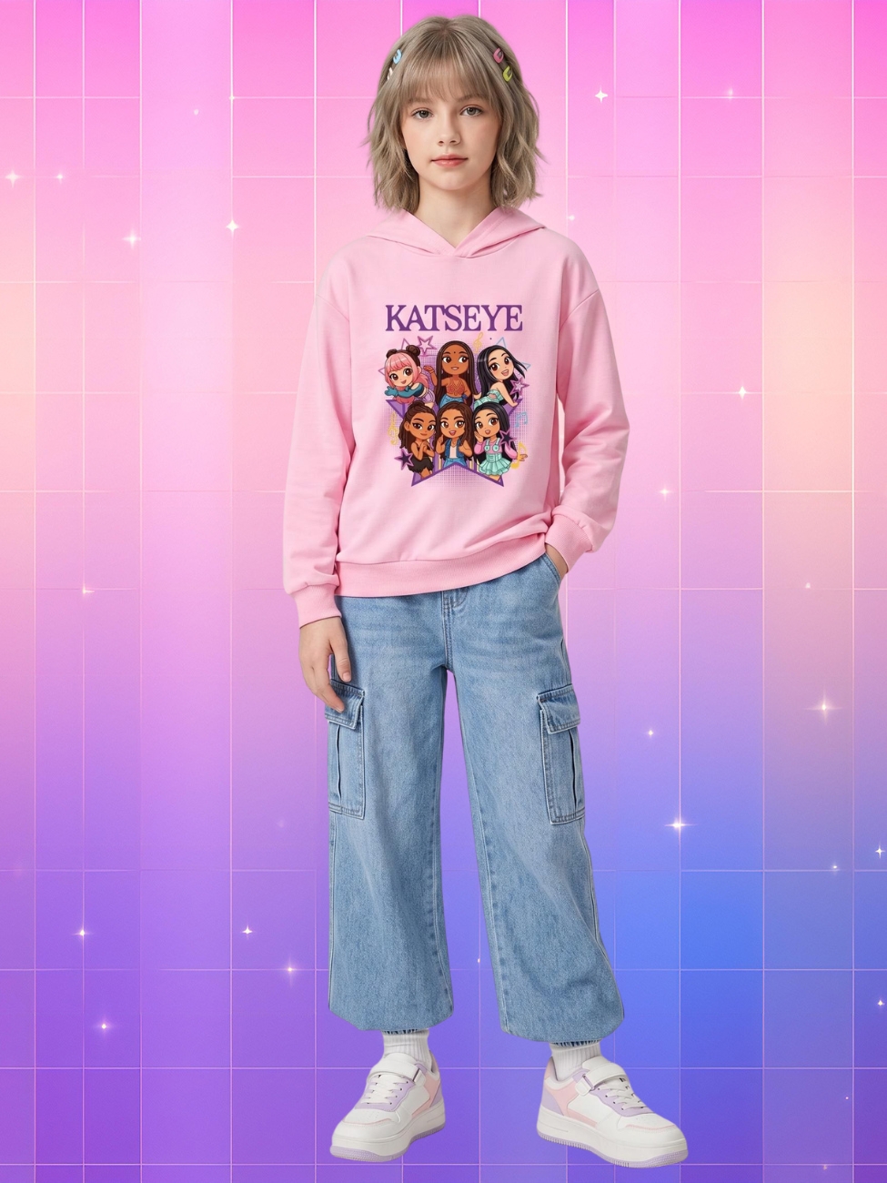 Une jeune fille portant un pull kpop enfant Katseye kawaii rose avec un grand dessin coloré sur le devant, devant un fond dégradé rose et violet scintillant.