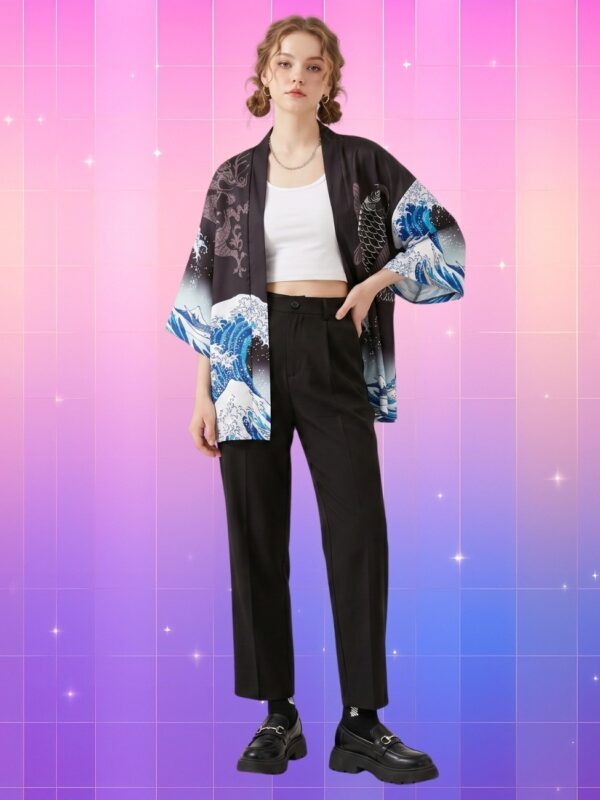 Une jeune femme porte une veste haori japonaise vague de Kanagawa noire avec des vagues bleues, sur un fond rose et violet en dégradé.