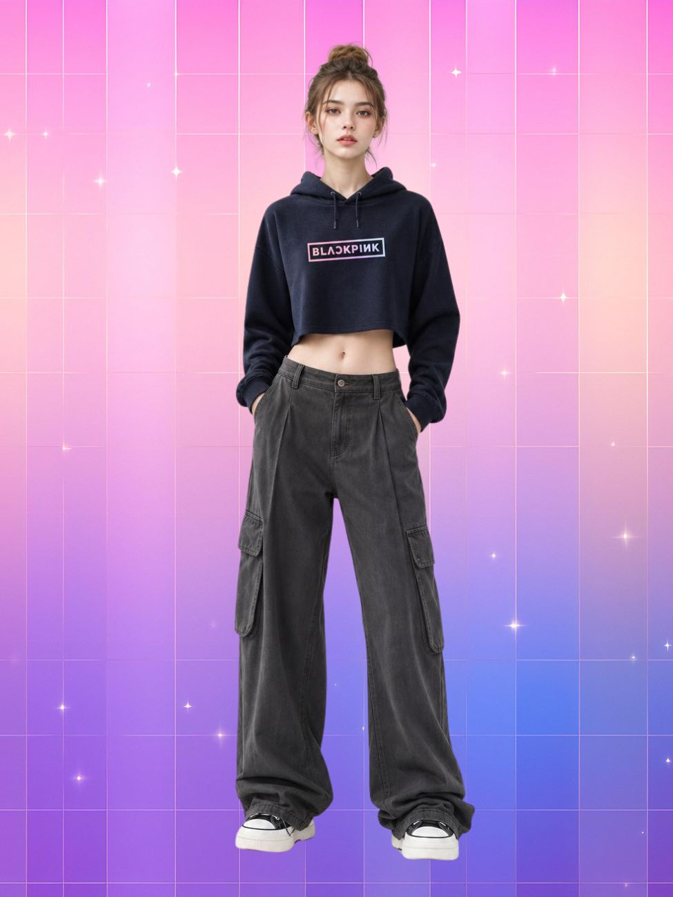 Une jeune fille porte un Pull Kpop crop-top à oreilles Blackpink noir court, avec un logo au centre, sur un fond rose et violet brillant.