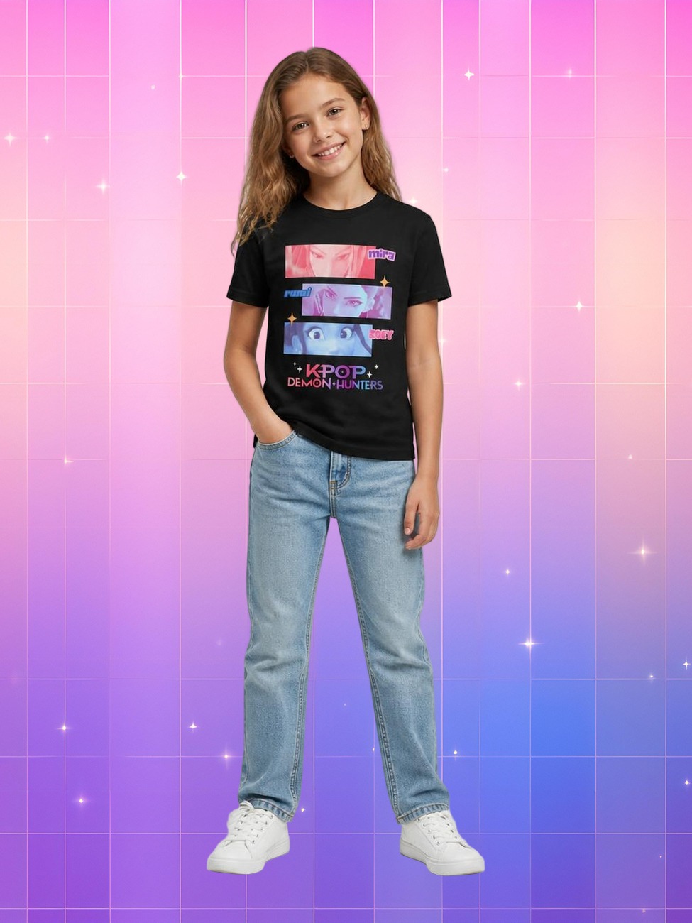 Une jeune fille souriante porte un t-shirt Kpop Demon Hunters noir Rumi Mira et Zoey avec un motif coloré, sur un fond rose et violet scintillant.