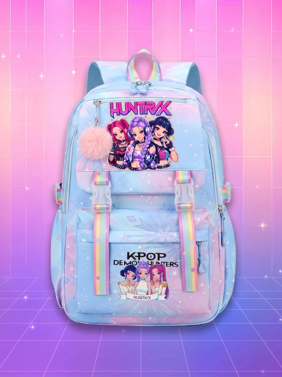 Un sac à dos Huntrix à lanières arc-en-ciel et pompon bleu pastel, décoré de personnages colorés, posé devant un mur rose et violet illuminé.